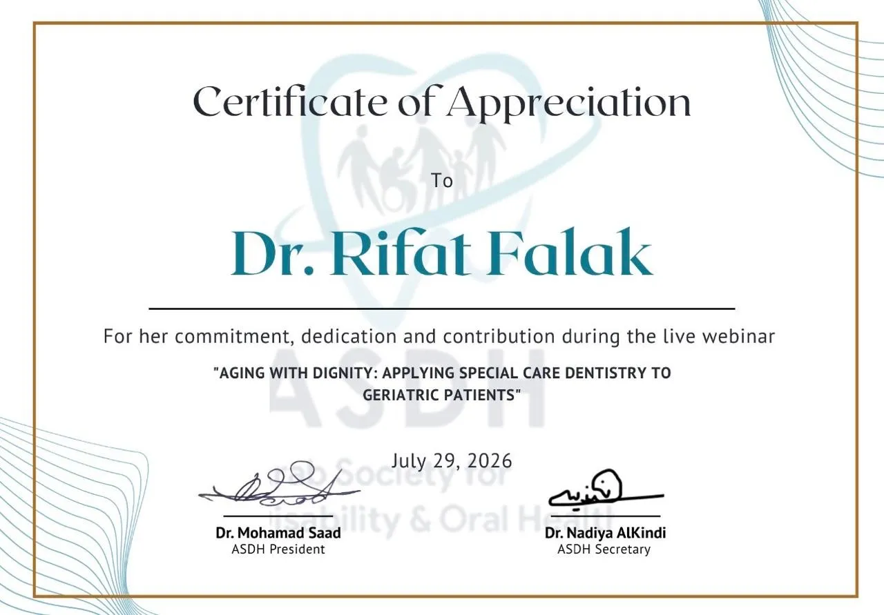 Certificate of appreciation from the Arab Society for Disability and Oral Health to Dr. Rifat Falak for the webinar Aging with Dignity, 29 July 2026