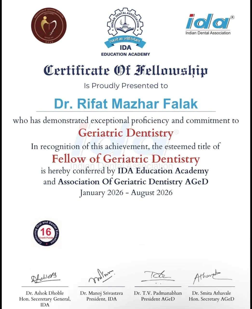 Certificate of Fellowship in Geriatric Dentistry presented to Dr. Rifat Mazhar Falak by IDA Education Academy and the Association of Geriatric Dentistry, January to August 2026