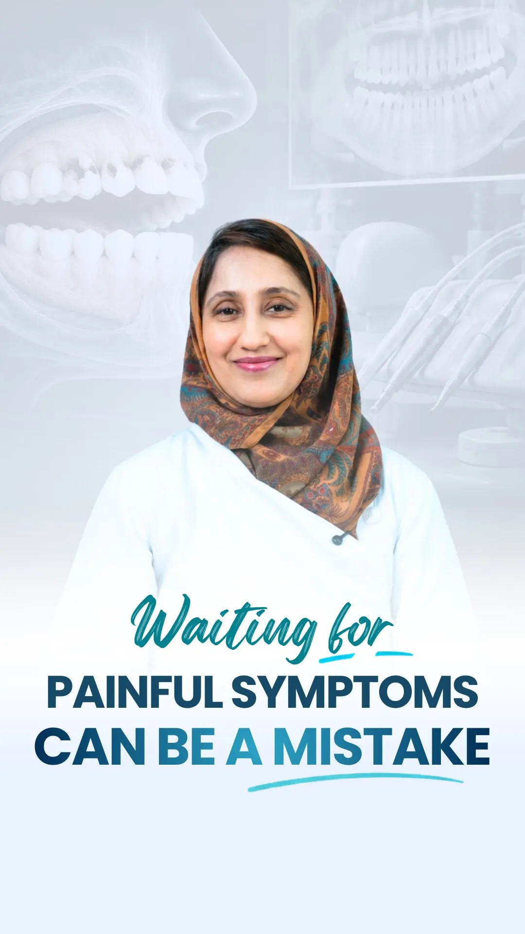 Dr. Rifat smiling, with the words "Waiting for painful symptoms can be a mistake"