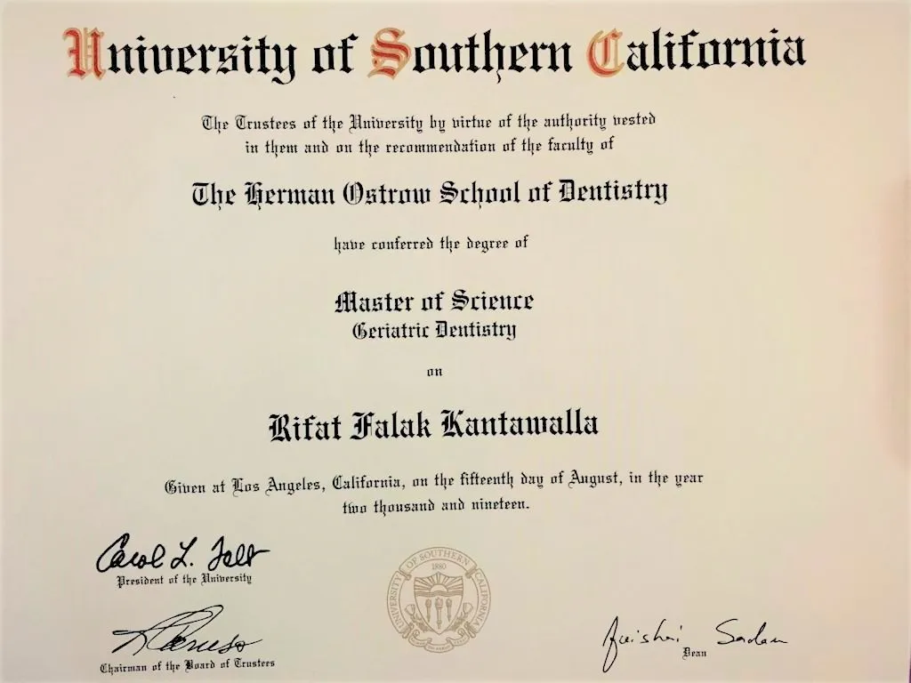 University of Southern California diploma: the Herman Ostrow School of Dentistry conferred the degree of Master of Science, Geriatric Dentistry, on Dr. Rifat, Los Angeles, 15 August 2019